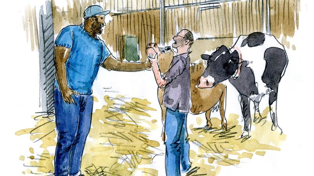 Le judoka Teddy Riner a visité l’élevage de Sébastien Delva, agriculteur à Inchy, dans le Nord.